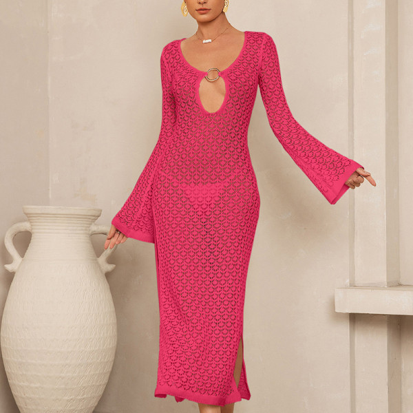 Side slit hollow metal buckle V-neck flared sleeve sunscreen cover, long skirt