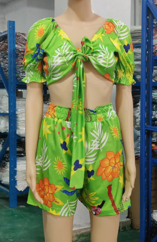 Tie up short sleeved shorts V-neck top two-piece set