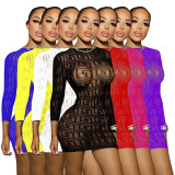 Long sleeved hollow tight fitting clothes, fishing net letter wrapped hip skirt