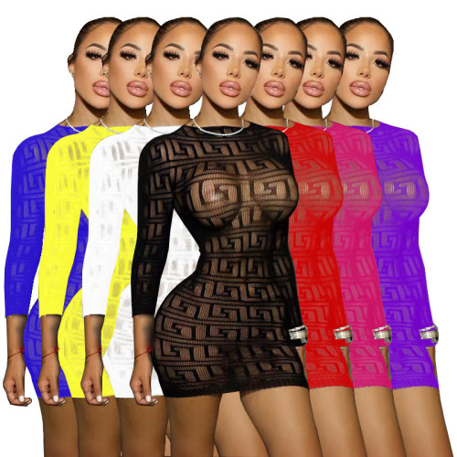 Long sleeved hollow tight fitting clothes, fishing net letter wrapped hip skirt