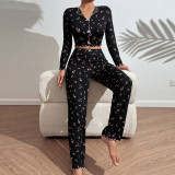 Flip collar rolled edge long sleeved long pants home suit two-piece set
