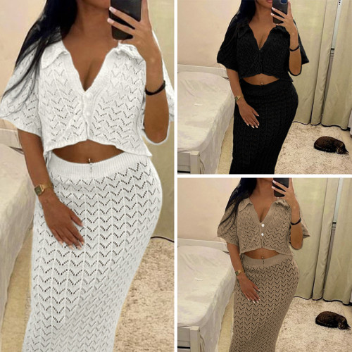 Short sleeved shirt, super long skirt, cardigan, hollowed out cover, two-piece set