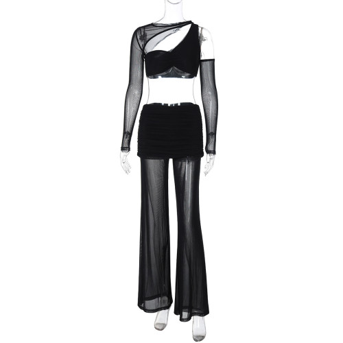 Long sleeved mesh spliced top and pants two-piece set