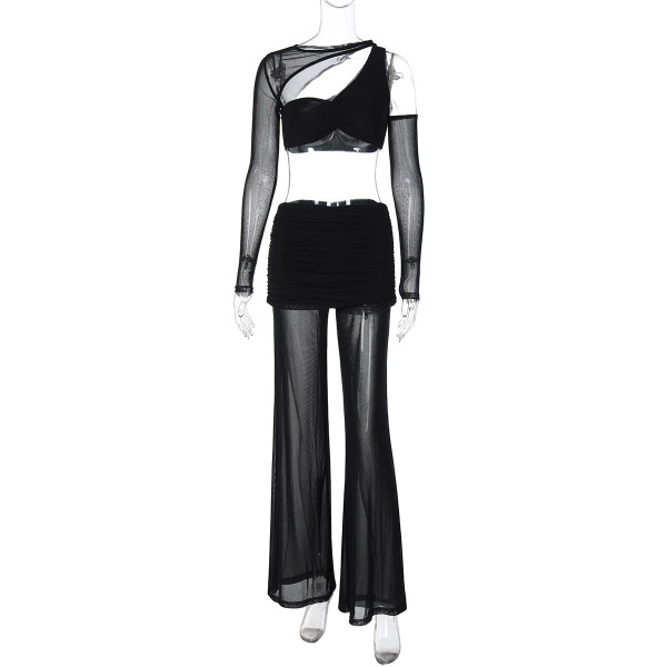 Long sleeved mesh spliced top and pants two-piece set