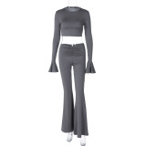 Solid color ruffled long sleeved pleated pants set
