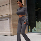 Solid color ruffled long sleeved pleated pants set