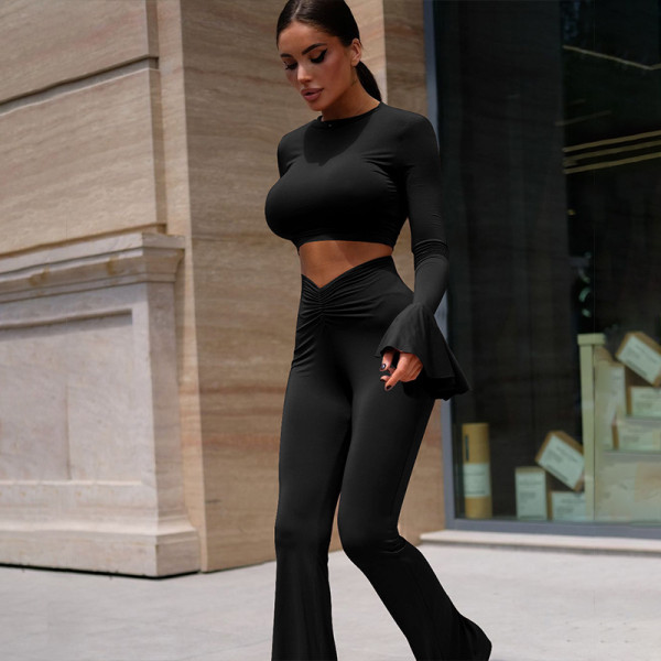 Solid color ruffled long sleeved pleated pants set