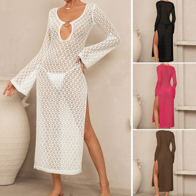 Side slit hollow metal buckle V-neck flared sleeve sunscreen cover, long skirt