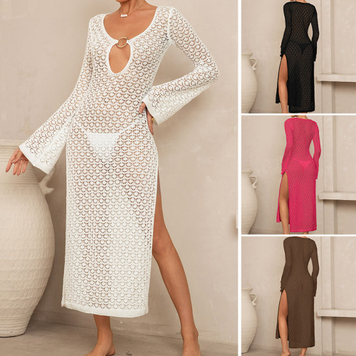 Side slit hollow metal buckle V-neck flared sleeve sunscreen cover, long skirt