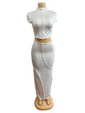 Open navel short sleeved top, tight fitting hip hugging long skirt two-piece set
