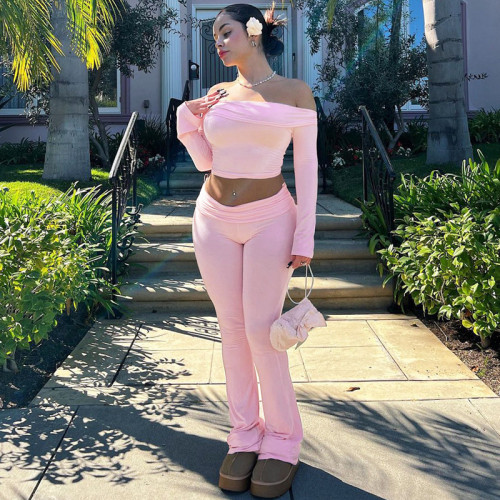 One shoulder long sleeved top, flared pants two-piece set