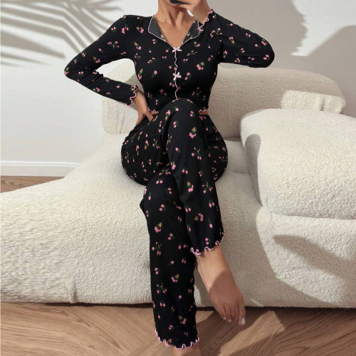 Flip collar rolled edge long sleeved long pants home suit two-piece set