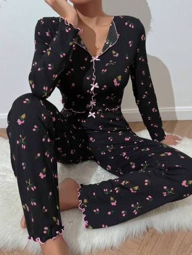 Flip collar rolled edge long sleeved long pants home suit two-piece set