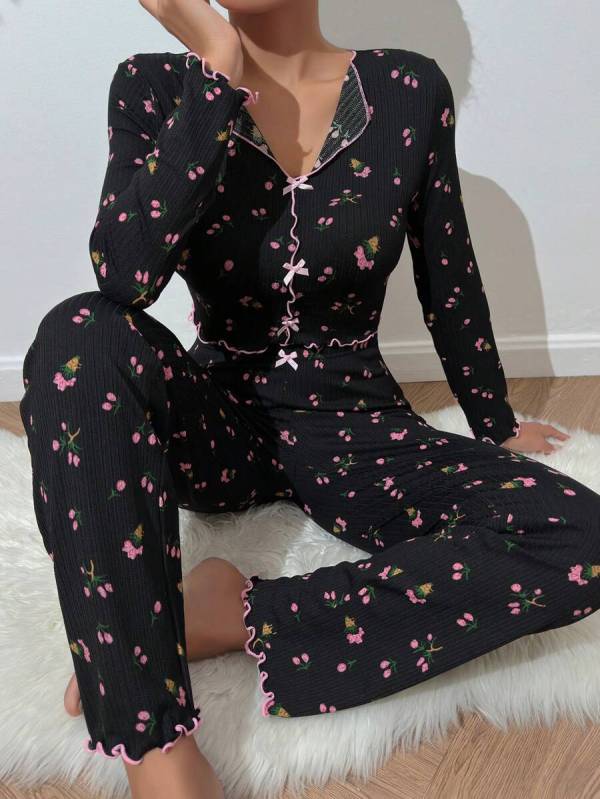 Flip collar rolled edge long sleeved long pants home suit two-piece set