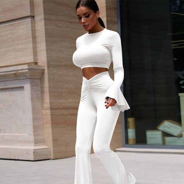 Solid color ruffled long sleeved pleated pants set