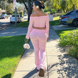 One shoulder long sleeved top, flared pants two-piece set
