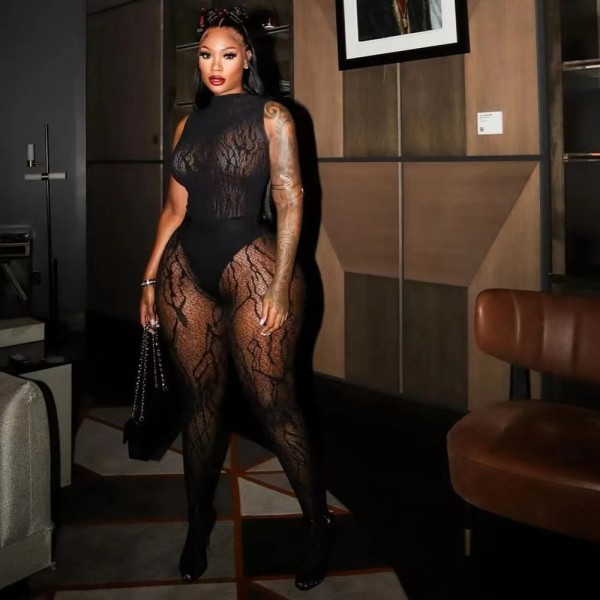 Hollow out oversized high elasticity one-piece one-piece one-piece jumpsuit set