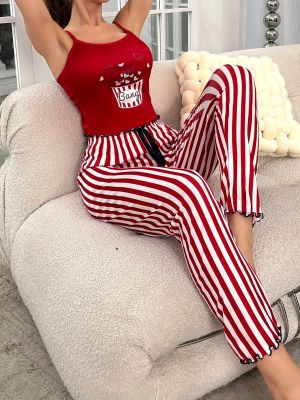 Printed camisole with twisted edges, long pants, two-piece set, pajamas