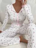 Flip collar rolled edge long sleeved long pants home suit two-piece set
