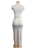 Open navel short sleeved top, tight fitting hip hugging long skirt two-piece set