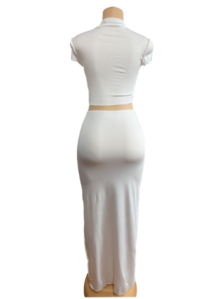 Open navel short sleeved top, tight fitting hip hugging long skirt two-piece set
