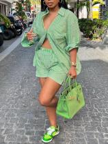 Long sleeved shorts shirt striped two-piece set