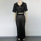 Short sleeved shirt, super long skirt, cardigan, hollowed out cover, two-piece set