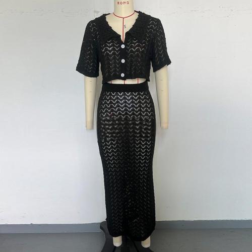 Short sleeved shirt, super long skirt, cardigan, hollowed out cover, two-piece set