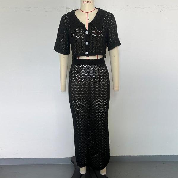Short sleeved shirt, super long skirt, cardigan, hollowed out cover, two-piece set