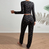 Flip collar rolled edge long sleeved long pants home suit two-piece set