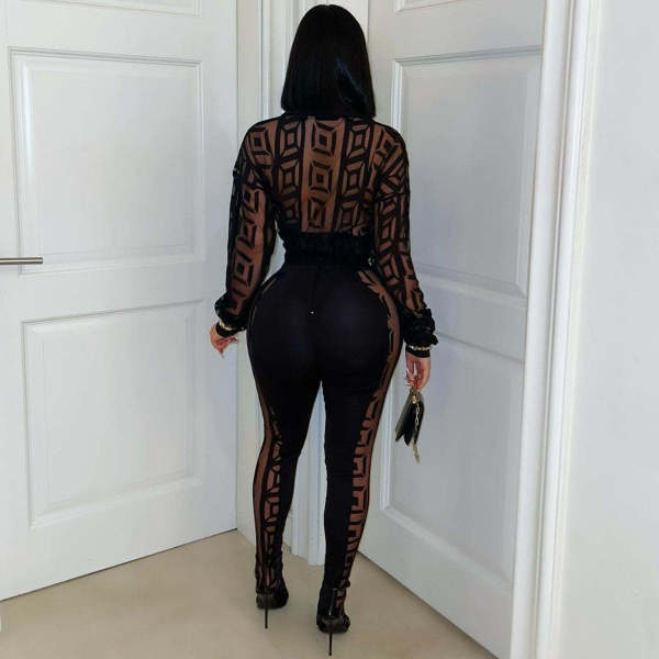 Printed mesh see through shirt and pants set