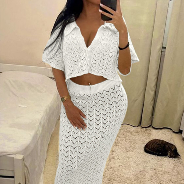 Short sleeved shirt, super long skirt, cardigan, hollowed out cover, two-piece set