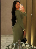 Round neck long sleeved pleated fish tail long dress