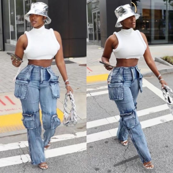 Splicing multi pocket accordion denim pants