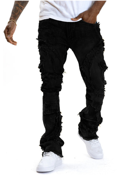 Ripped slightly flared fringe stretch jeans