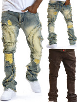 Ripped slightly flared fringe stretch jeans