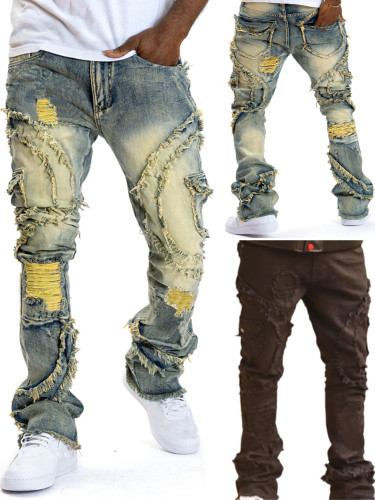 Ripped slightly flared fringe stretch jeans