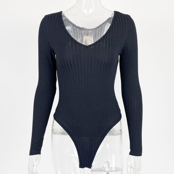 V-neck solid color long sleeved base jumpsuit
