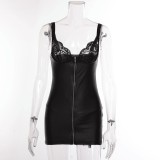 Deep V-zipper crotch one-piece leather jacket set