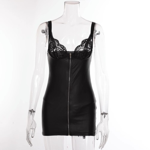 Deep V-zipper crotch one-piece leather jacket set