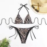 Bikini colored zebra print split neck drawstring thong swimsuit