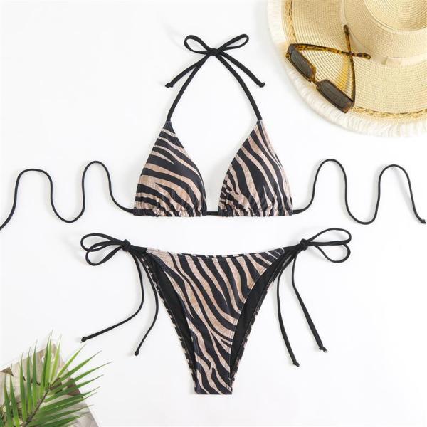 Bikini colored zebra print split neck drawstring thong swimsuit