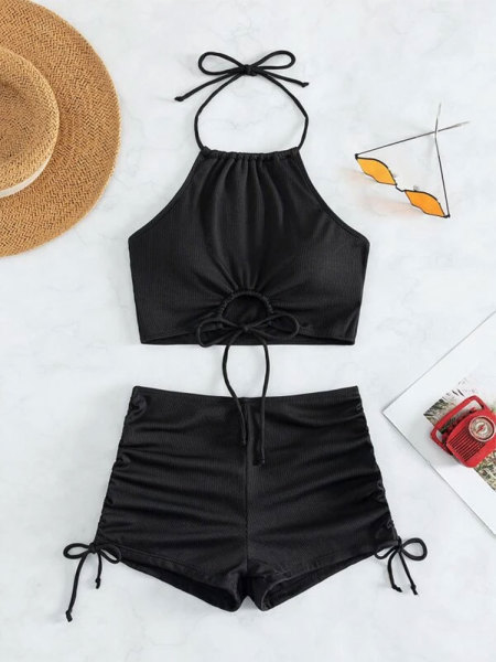 Split swimsuit with flat corner drawstring