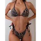 Bikini colored zebra print split neck drawstring thong swimsuit