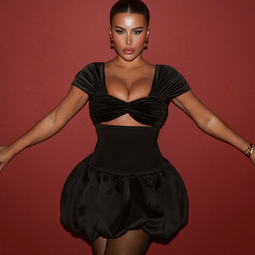 Short sleeved strapless hollow suede patchwork bubble skirt