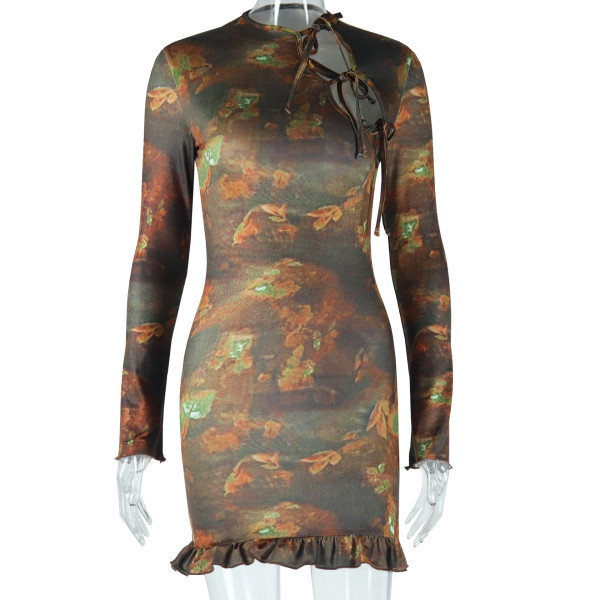 Printed dress long sleeved round neck hollow lace up skirt