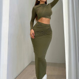 Round neck irregular long sleeved crop top half skirt two-piece set