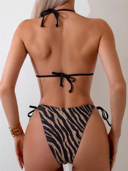 Bikini colored zebra print split neck drawstring thong swimsuit
