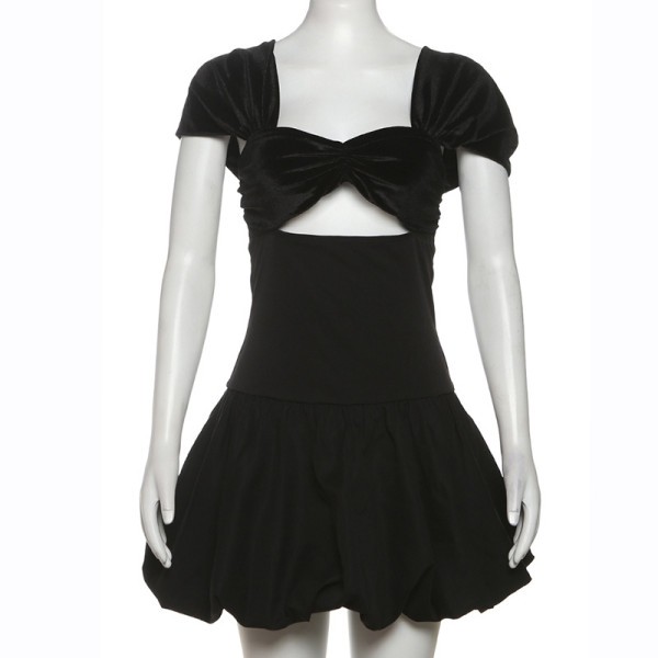 Short sleeved strapless hollow suede patchwork bubble skirt