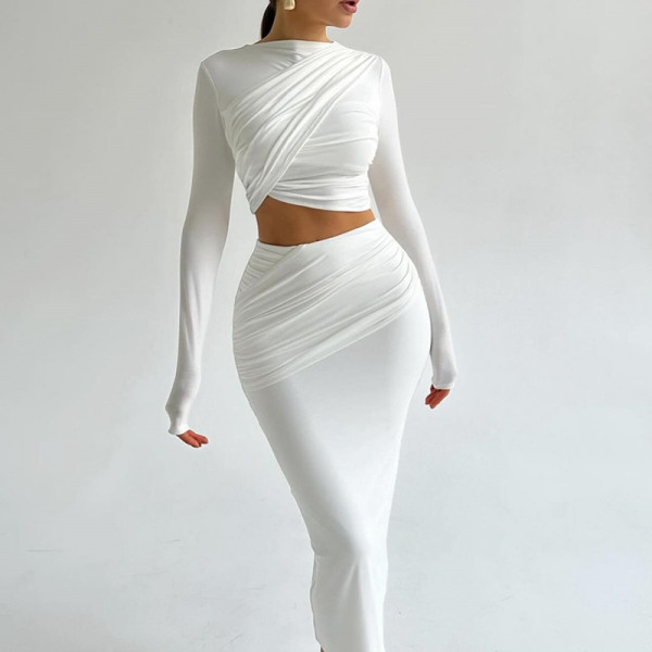 Round neck irregular long sleeved crop top half skirt two-piece set